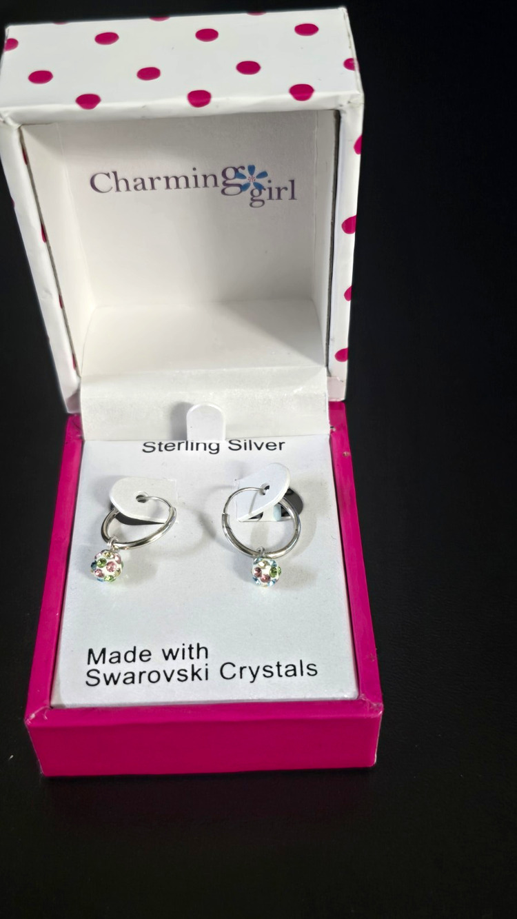 Charming Girl Sterling Silver Hinged Hoop Dangle Earrings w/ Swarovski Crystals
